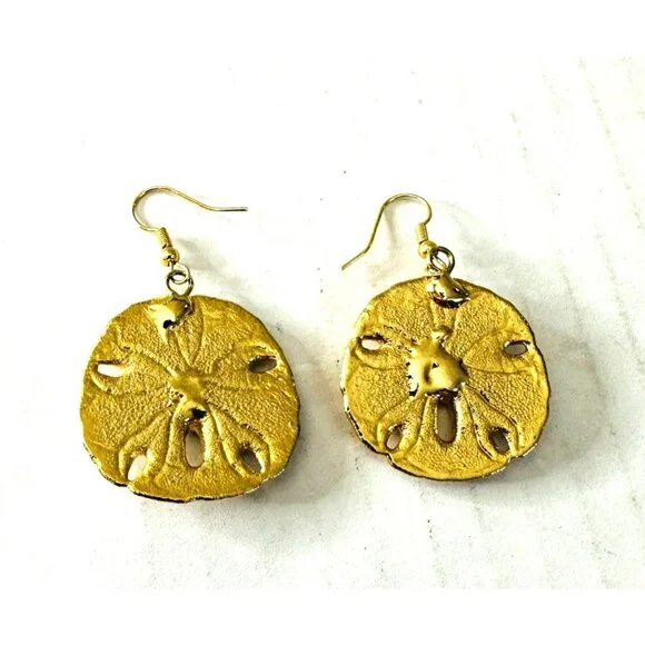 Sand Dollar Earrings Gold Tone Fishhook Drop Dangle Beautiful Satiny Look VTG - Picture 2 of 5